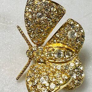 Vtg Joan Rivers Butterfly Moth Brooch Pin Tremble Pave Rhinestones Gold-Tone